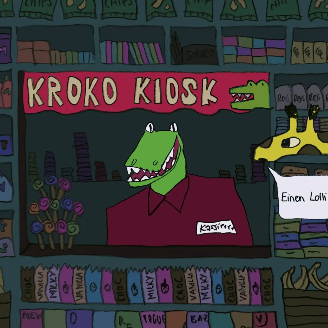 Das ist eine Illustration eines Kiosks, wobei der Verkäufer ein Krokodil und der Kunde eine Giraffe ist.